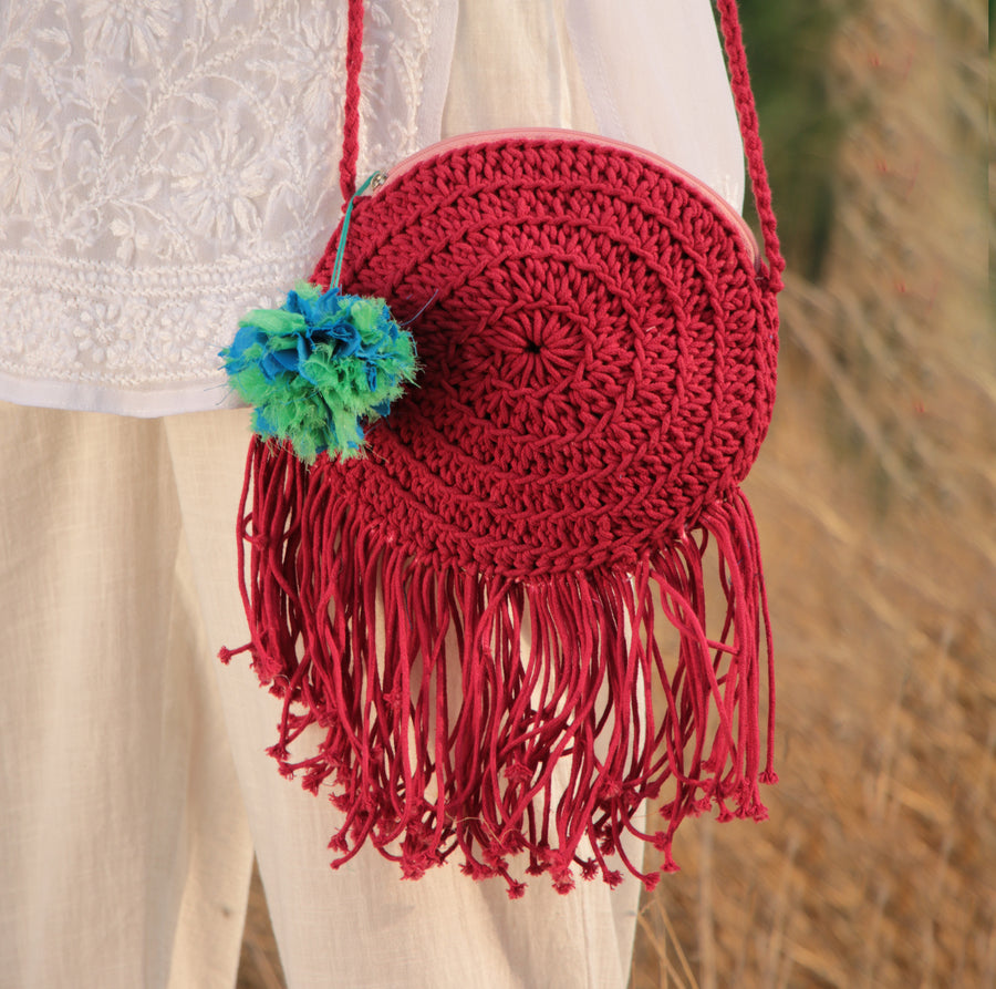 Miniature Round Crochet bag with Tassels