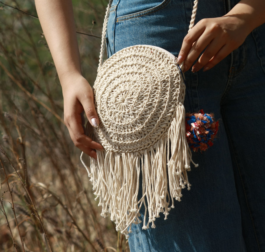 Miniature Round Crochet Bag with Tassels