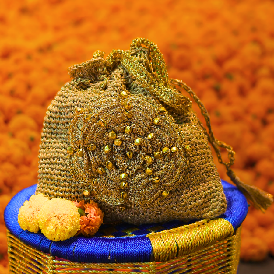 Golden Bloom Handcrafted Crochet Potli