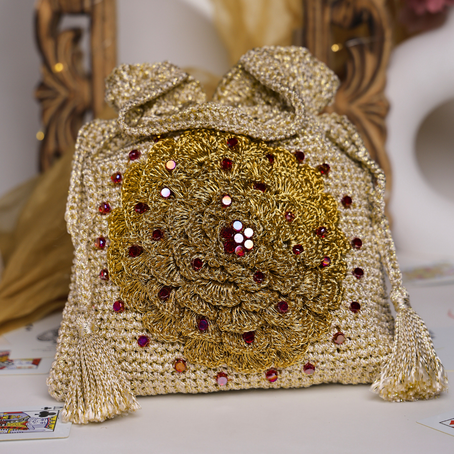 Golden Floral Embellished Crochet Potli