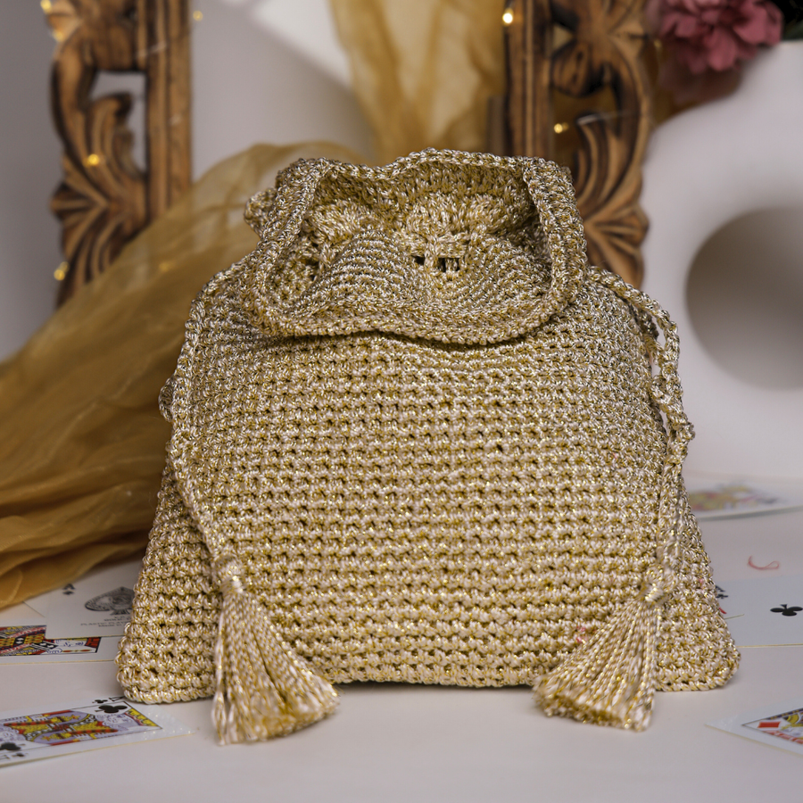 Golden Floral Embellished Crochet Potli