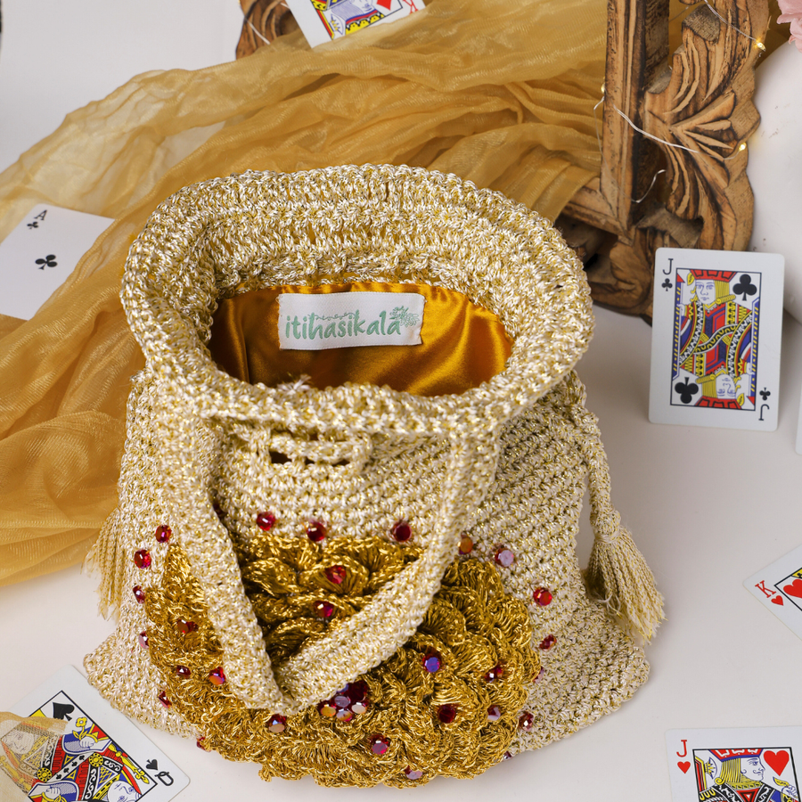 Golden Floral Embellished Crochet Potli