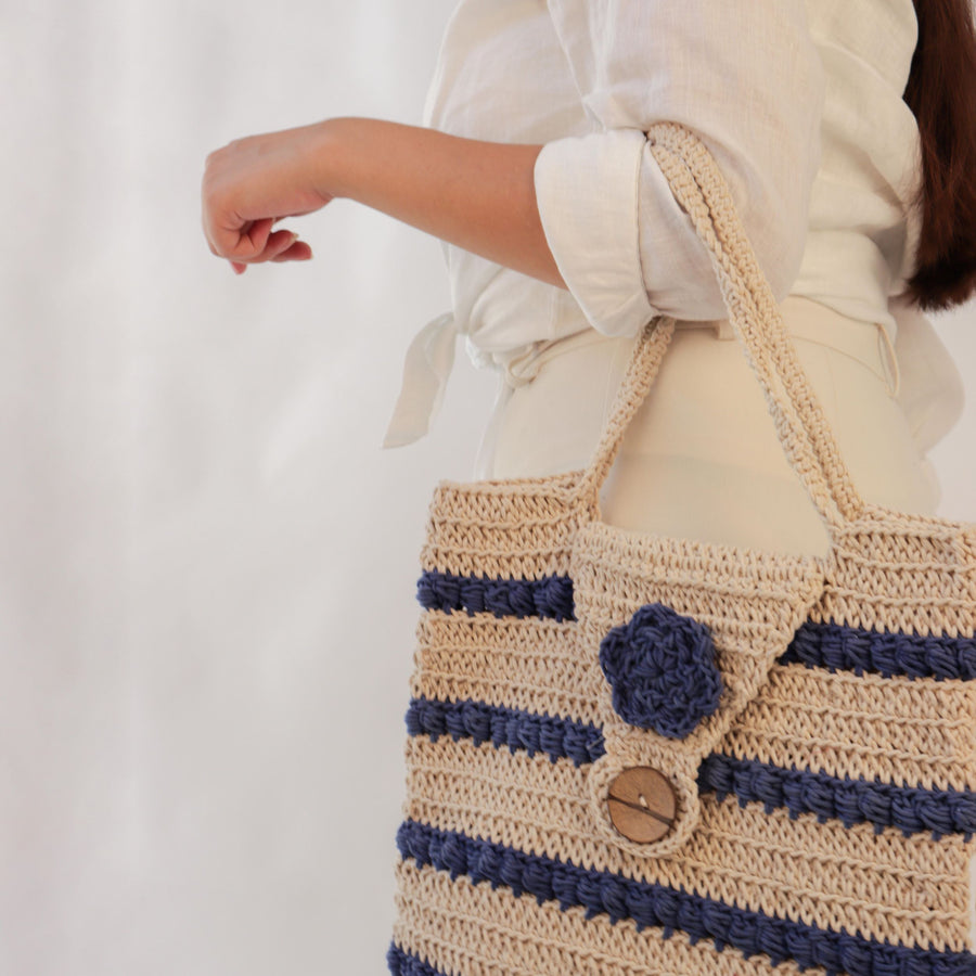 Blue White Striper Crochet Handbag