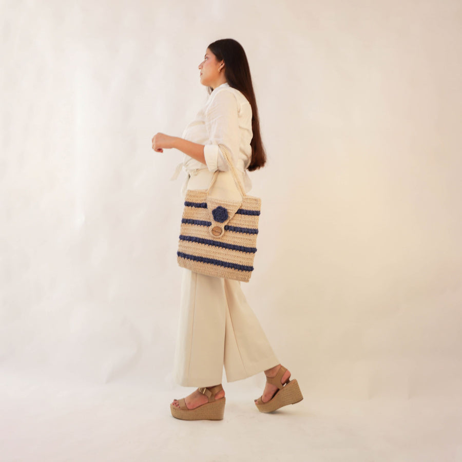 Blue White Striper Crochet Handbag
