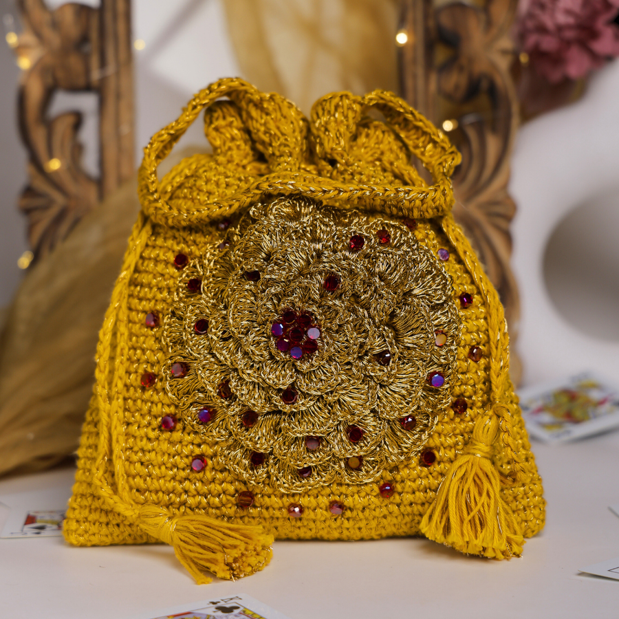 Amber Bloom Embellished Crochet Potli