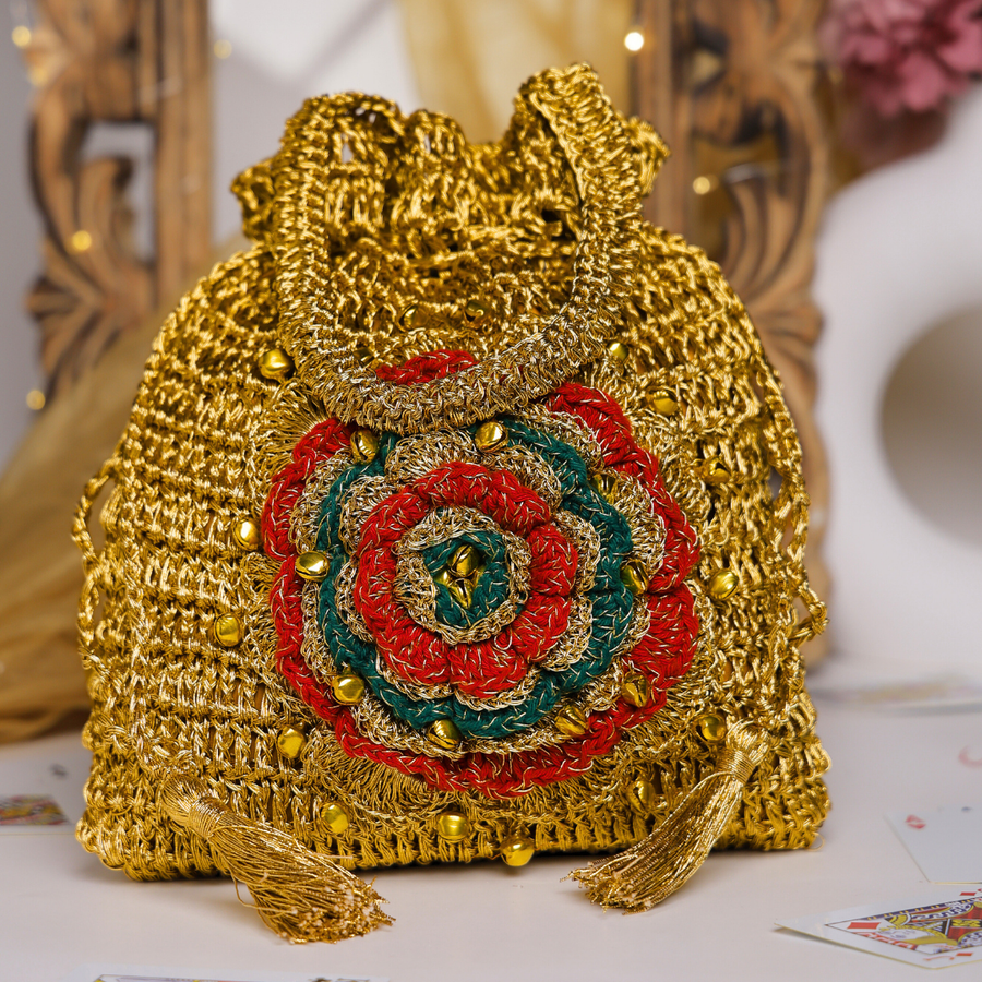 Golden Bloom Handcrafted Crochet Potli