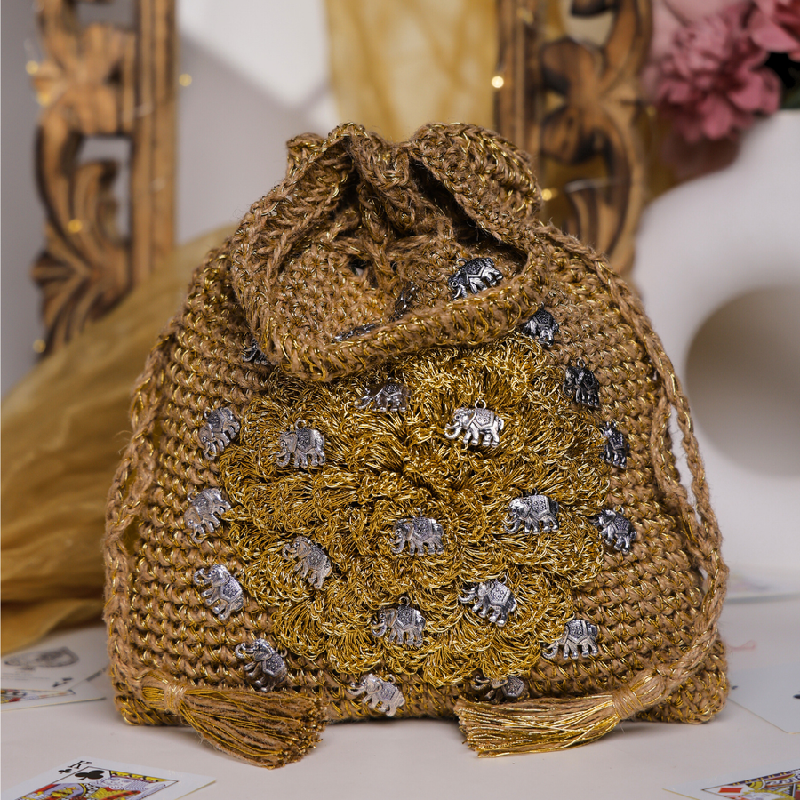 Golden Crochet Elephant Potli