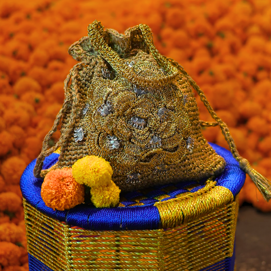 Golden Crochet Elephant Potli