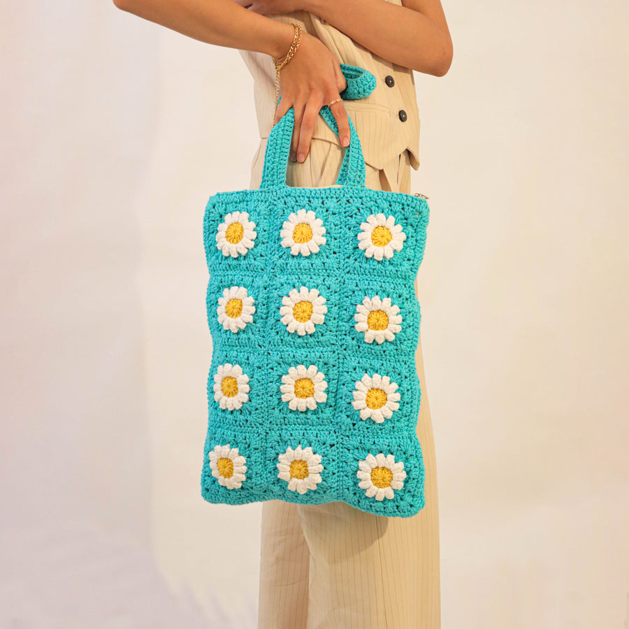 Blue Daisy Crochet Tote Bag