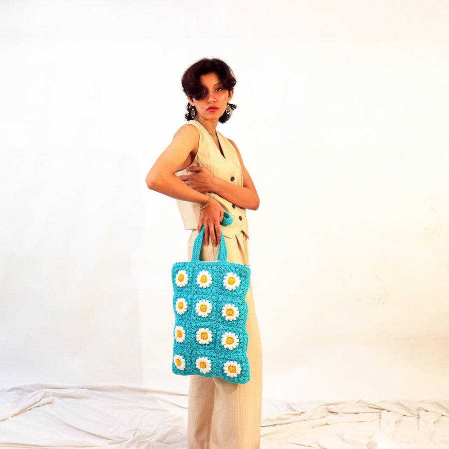 Blue Daisy Crochet Tote Bag