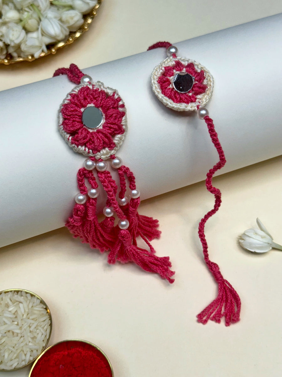 Peony Mirror Cascade – Handcrafted Crochet Rakhi Set