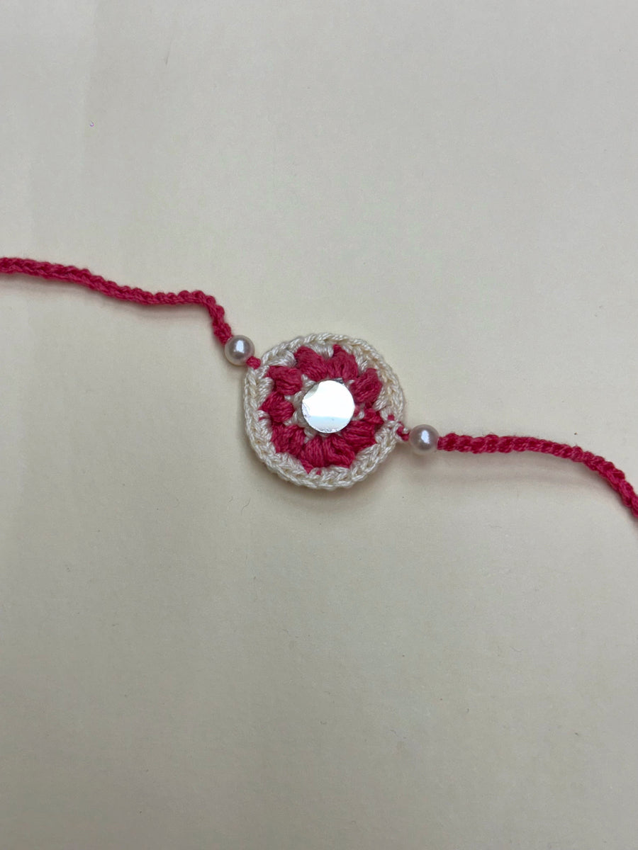 Peony Mirror Cascade – Handcrafted Crochet Rakhi Set