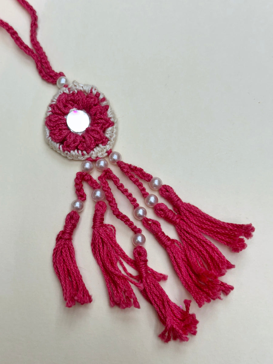 Peony Mirror Cascade – Handcrafted Crochet Rakhi Set