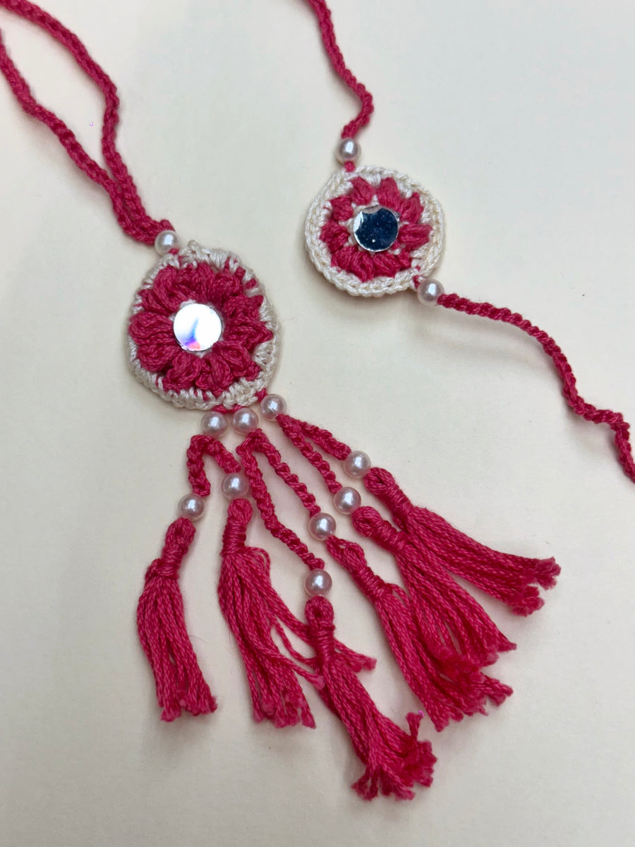 Peony Mirror Cascade – Handcrafted Crochet Rakhi Set