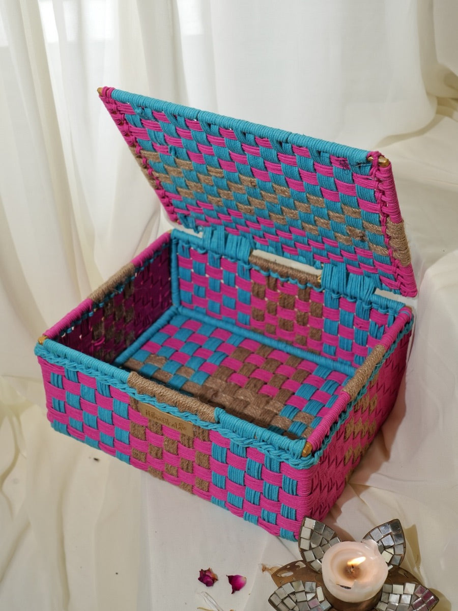 Pink & Blue Handwoven Storage Box with Lid