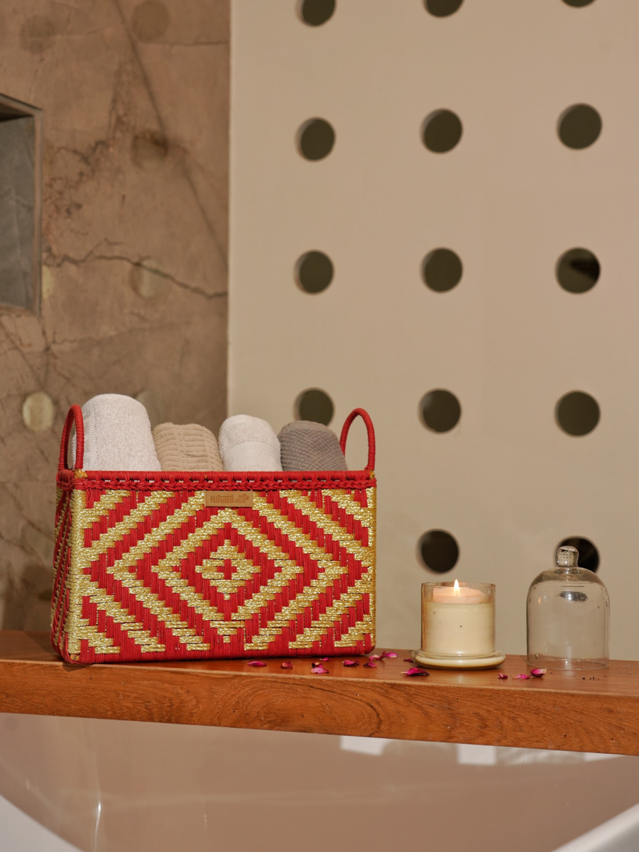 Red & Gold Handwoven Multipurpose Storage Basket