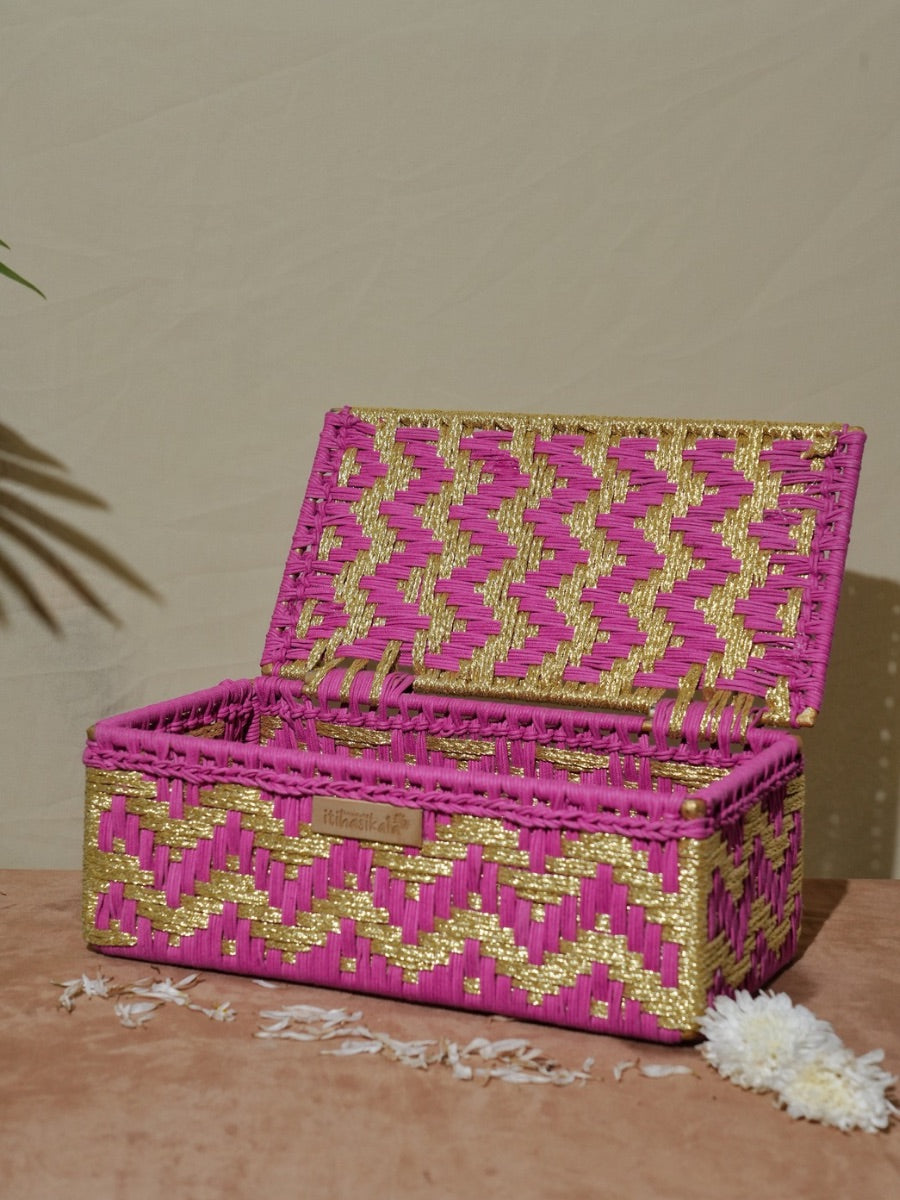 Pink & Gold Zigzag Woven Storage Box