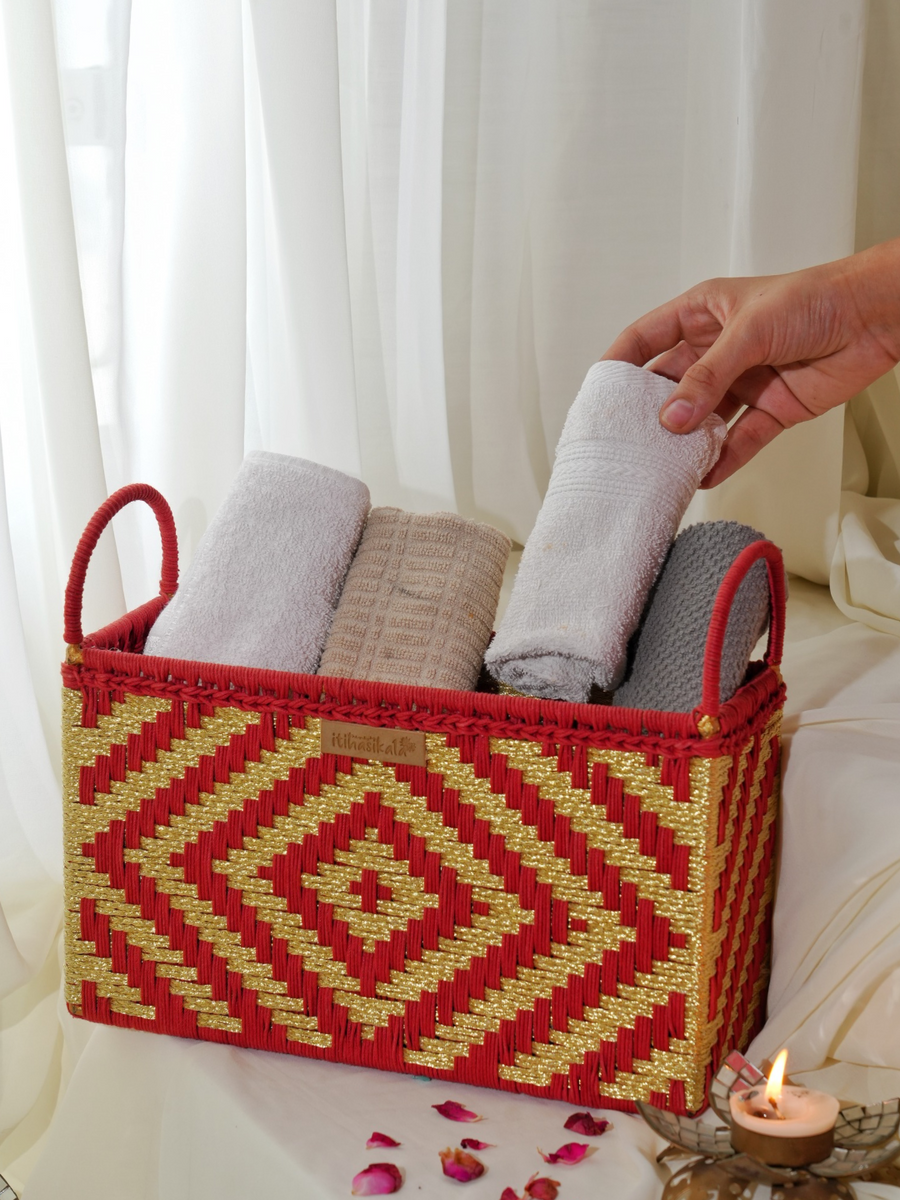 Red & Gold Handwoven Multipurpose Storage Basket