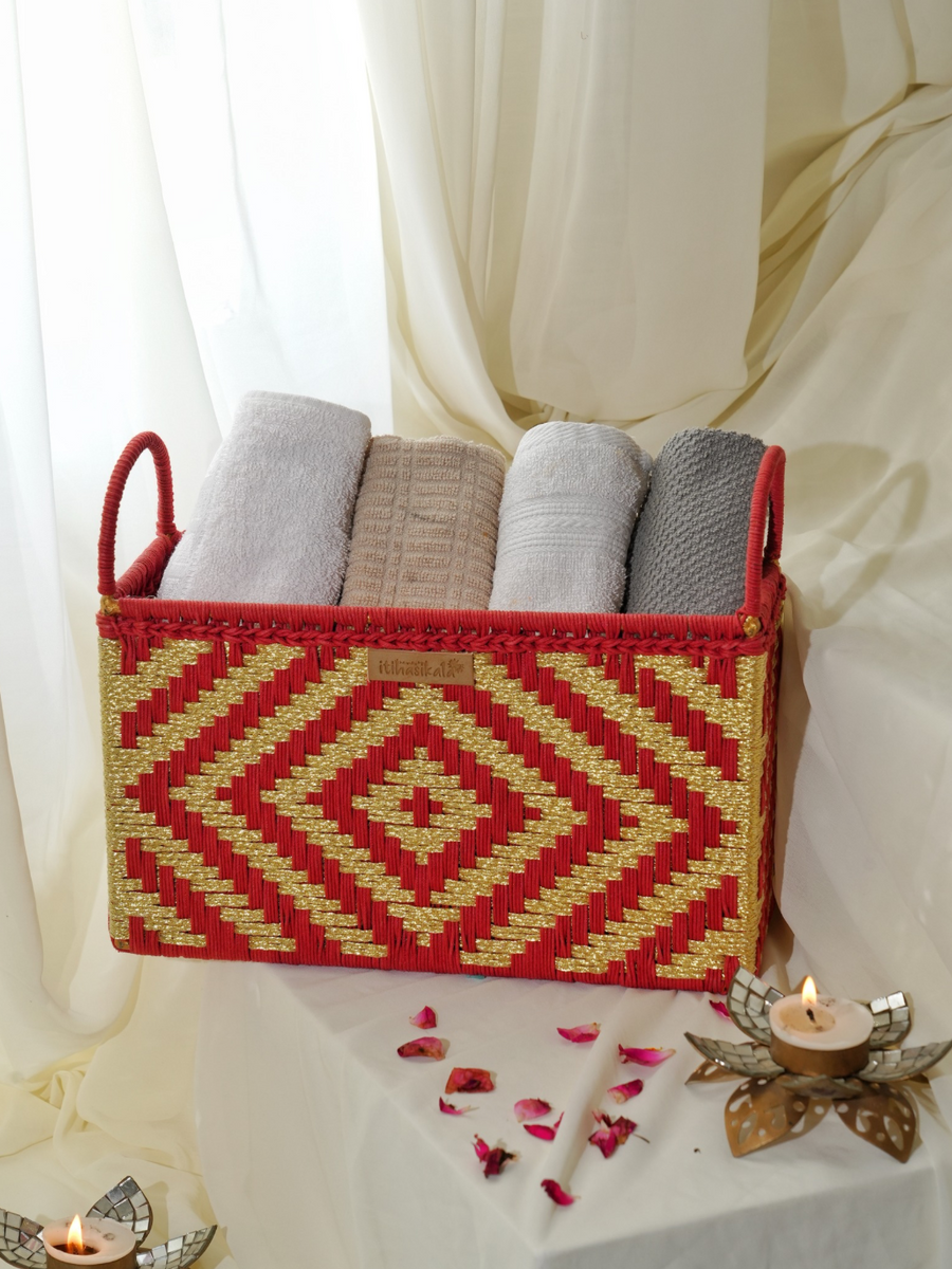 Red & Gold Handwoven Multipurpose Storage Basket