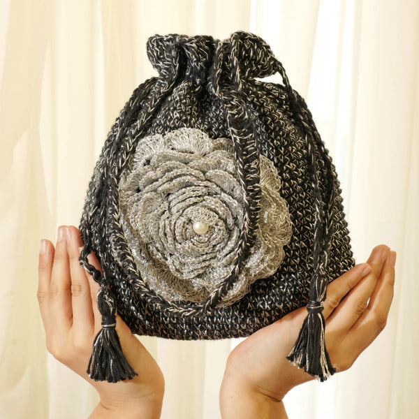 Silver Petal Crochet Potli