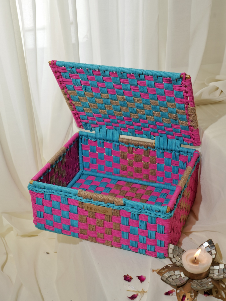 Pink & Blue Handwoven Storage Box with Lid