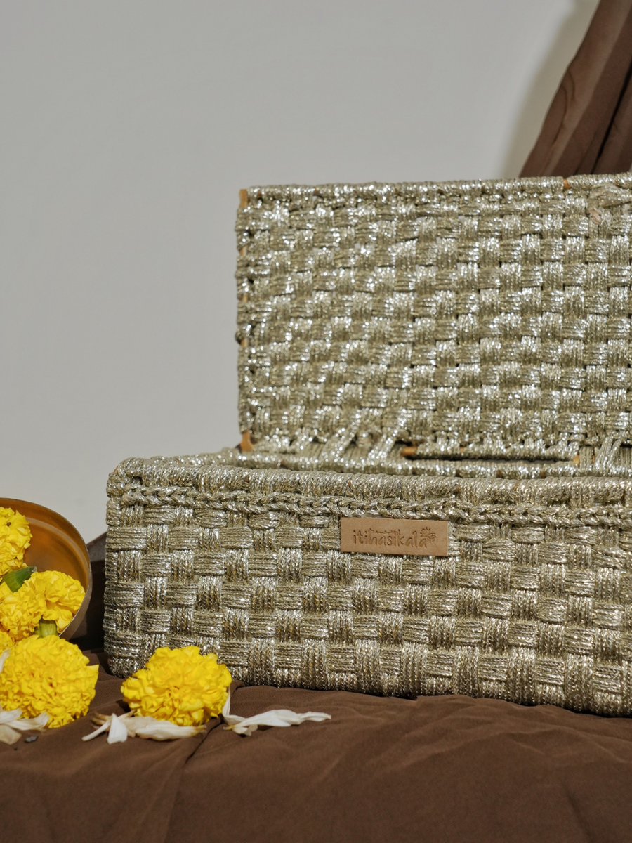 Silver Handwoven Storage Box with Lid