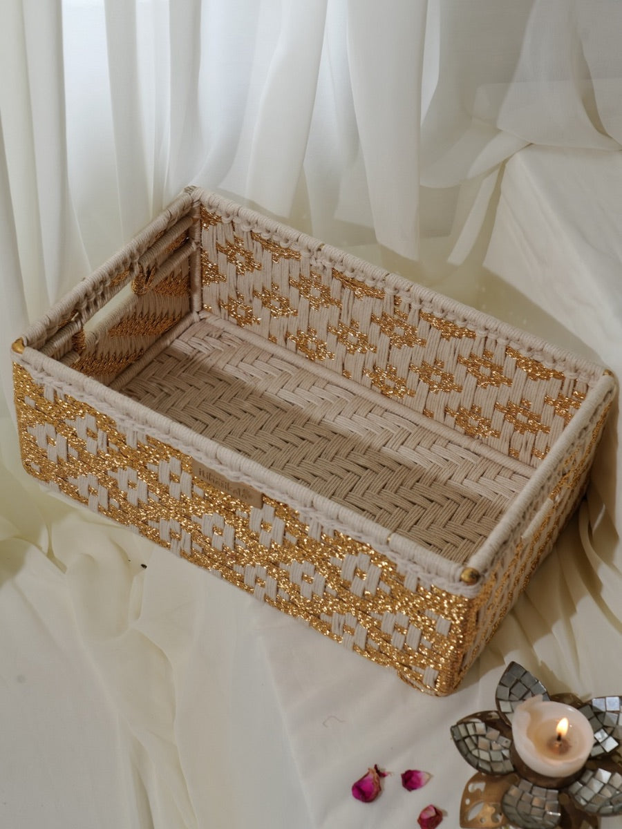 White & Gold Handwoven Decorative Storage Basket