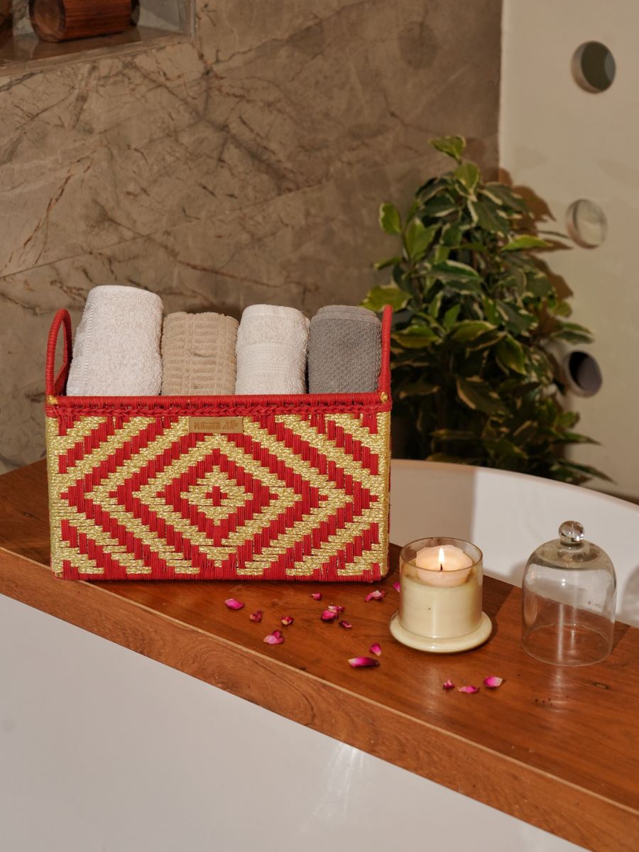 Red & Gold Handwoven Multipurpose Storage Basket