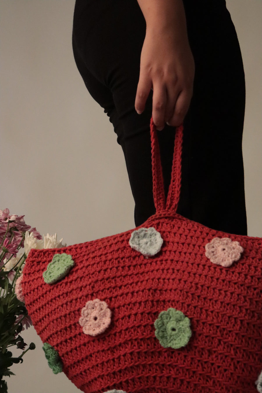 All Flowers Red Crochet Handbag