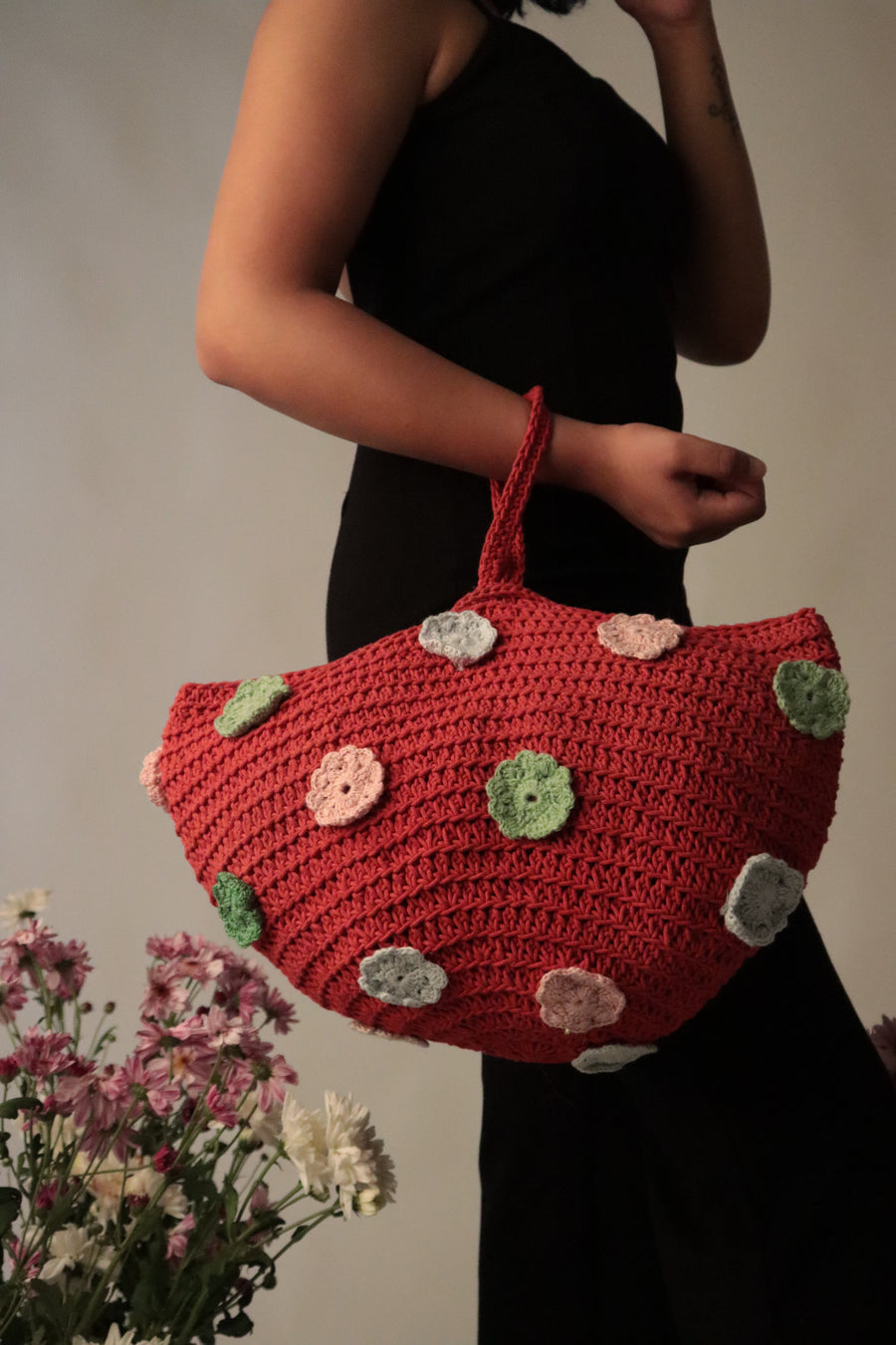 All Flowers Red Crochet Handbag