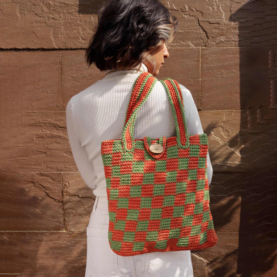 Checkered Crochet Tote Bag