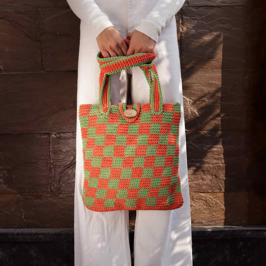 Checkered Crochet Tote Bag – Itihasikala - Main Image