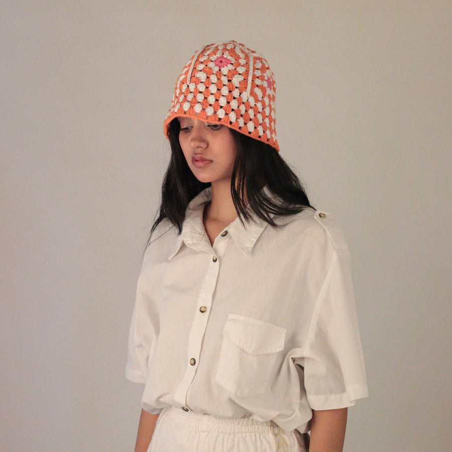 The Floral Crochet Chequered Bucket Hat