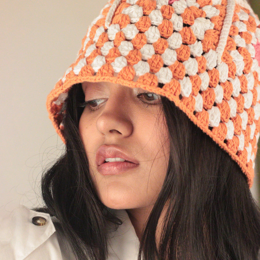 The Floral Crochet Chequered Bucket Hat