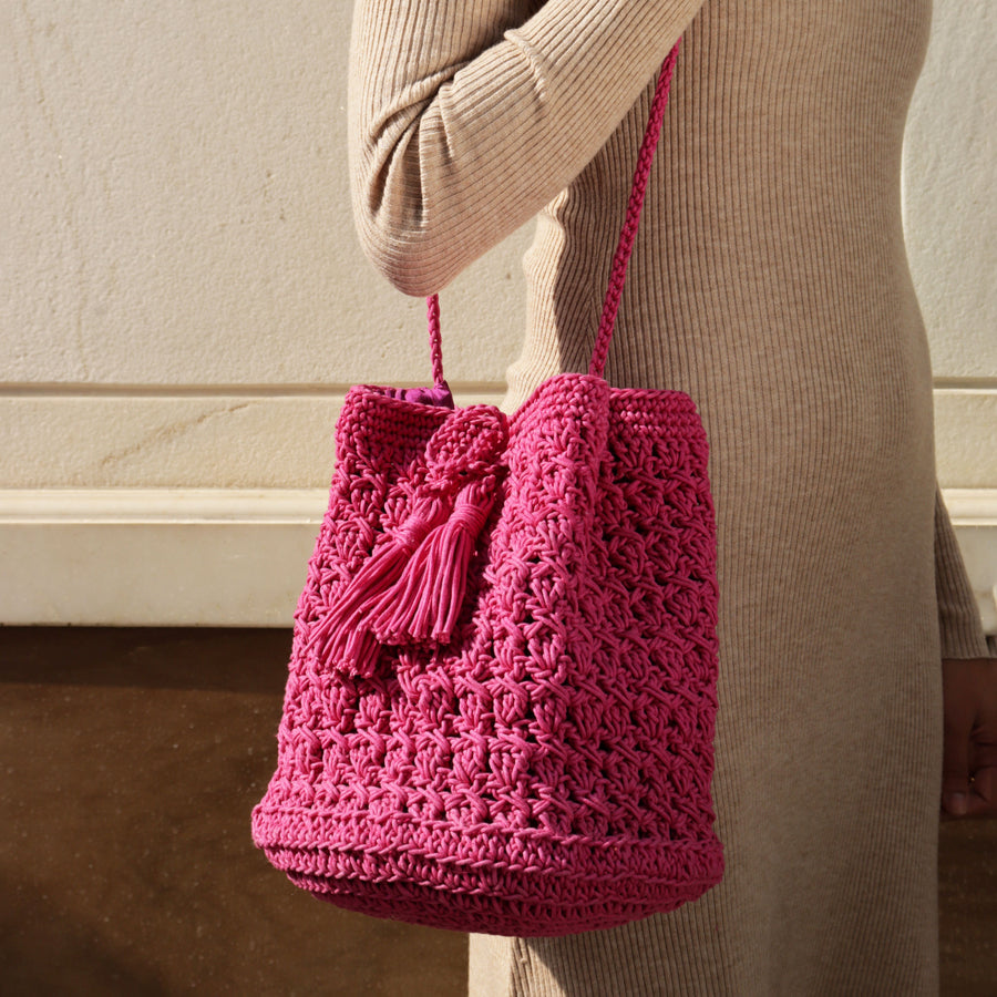 Drawstring Bucket Crochet Shoulder Bag