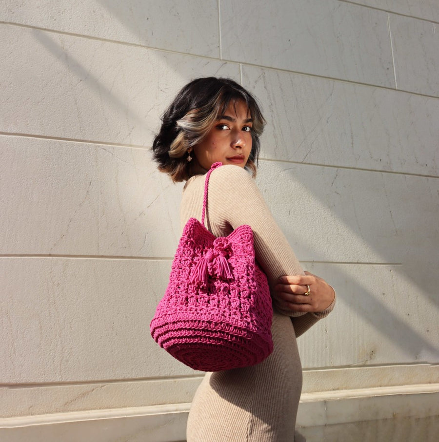 Drawstring Bucket Crochet Shoulder Bag