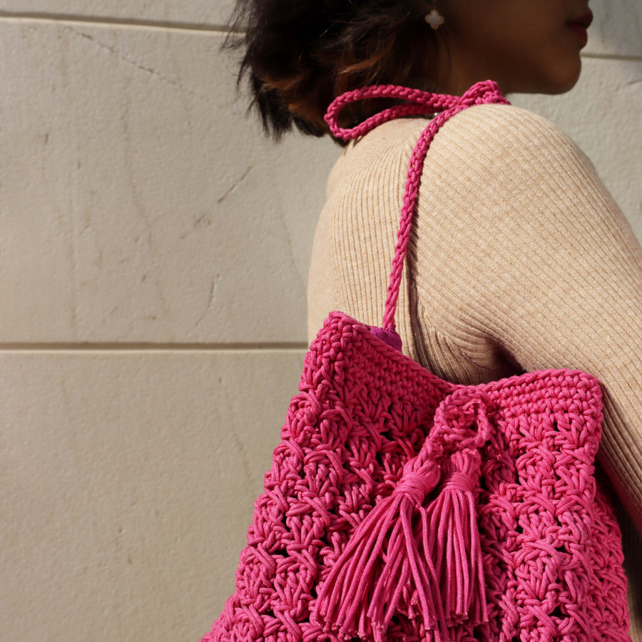 Drawstring Bucket Crochet Shoulder Bag