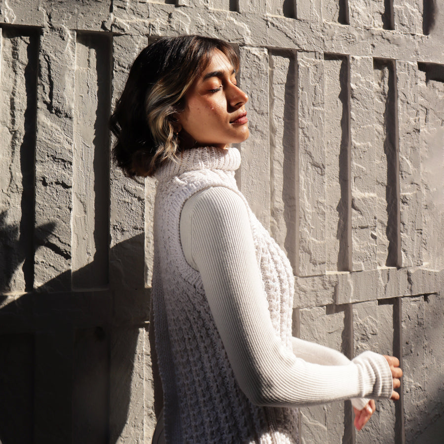 Slit Turtleneck Sweater Crochet Vest