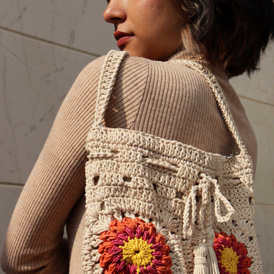 Floral Patch Crochet Shoulder Bag