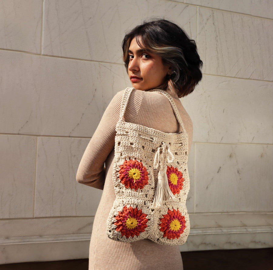 Floral Patch Crochet Shoulder Bag