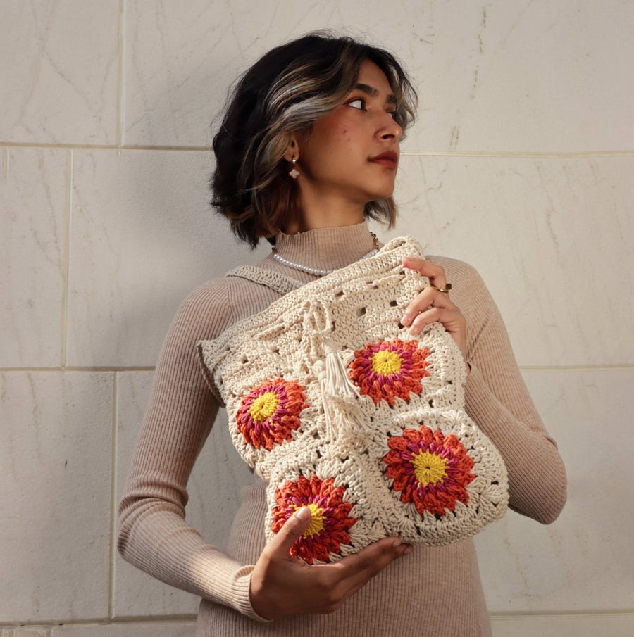 Floral Patch Crochet Shoulder Bag