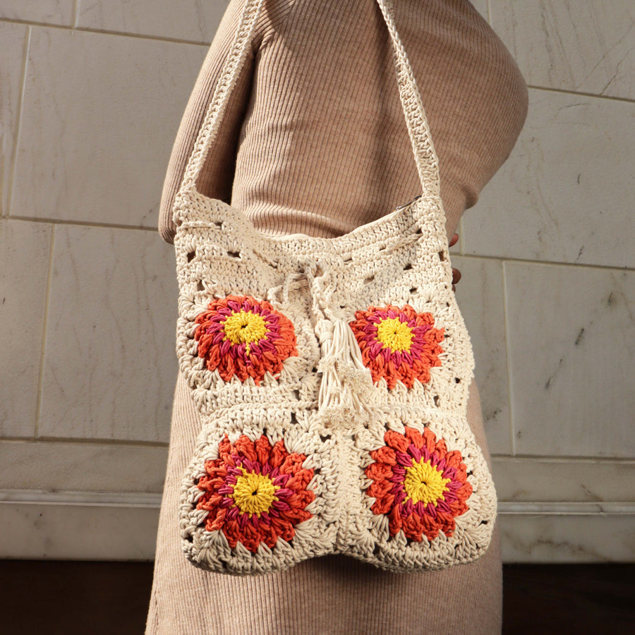 Floral Patch Crochet Shoulder Bag