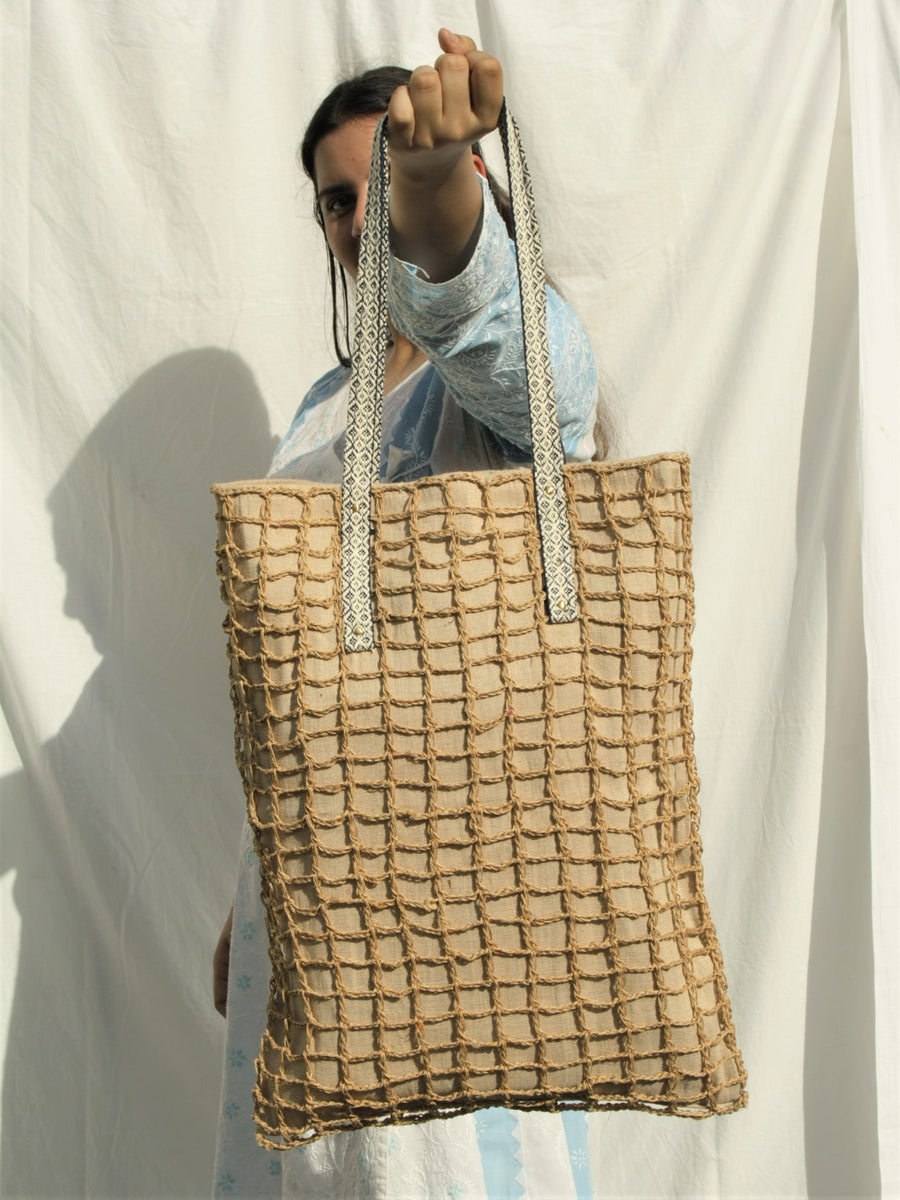 Open Work Jute Crochet Shoulder Bag