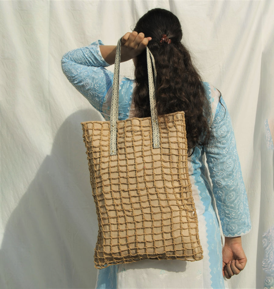 Open Work Jute Crochet Shoulder Bag