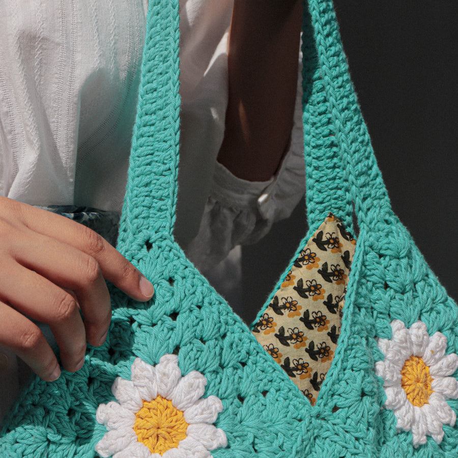 Blue Daisy Crochet Hobo Shoulder Bag