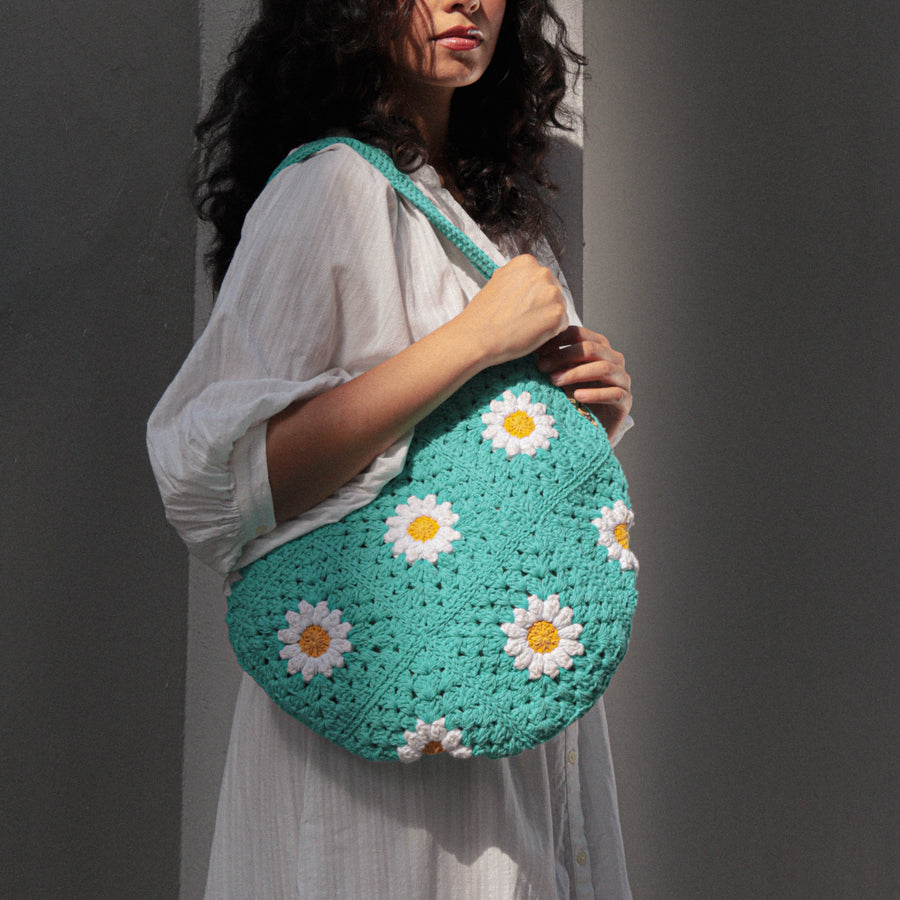 Blue Daisy Crochet Hobo Shoulder Bag