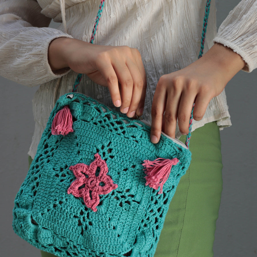 The Pink Flower Crochet Sling Bag