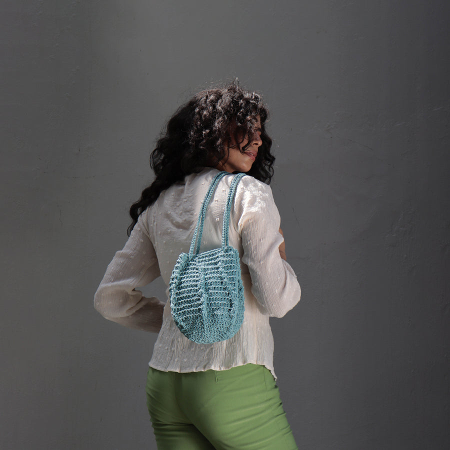 Ash Blue Ribbed Crochet Sling Bag