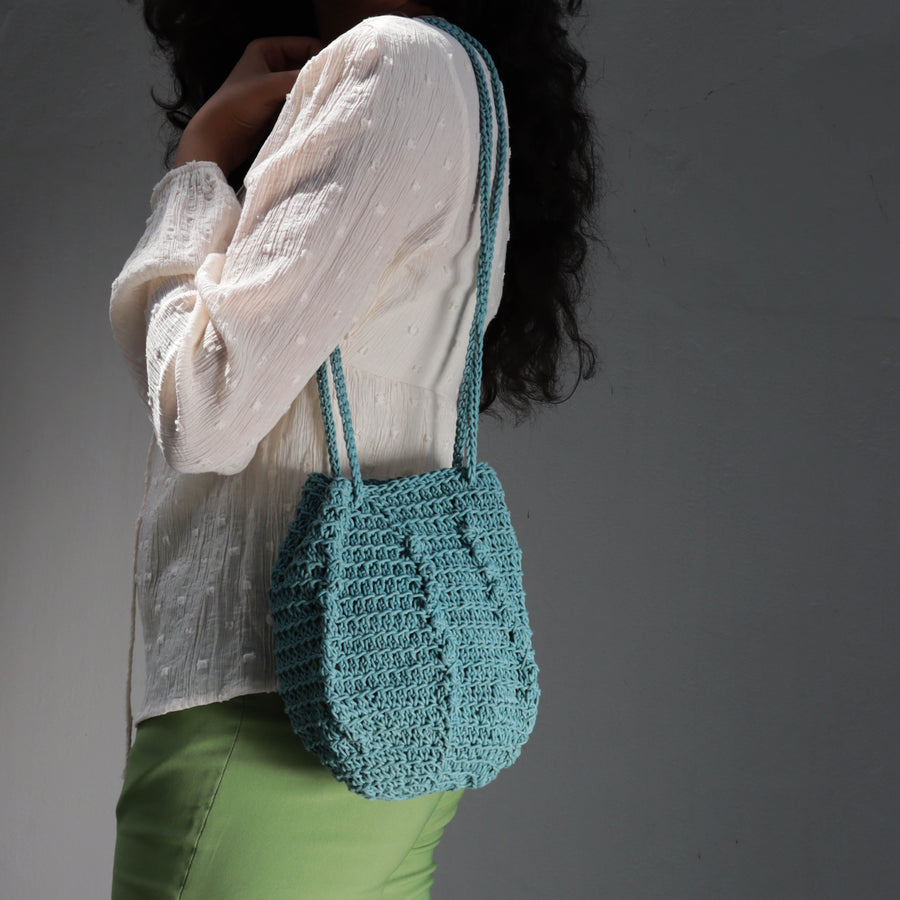 Ash Blue Ribbed Crochet Sling Bag