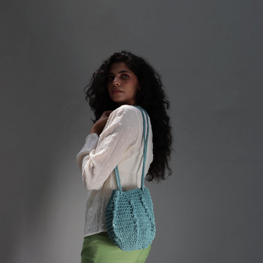 Ash Blue Ribbed Crochet Sling Bag